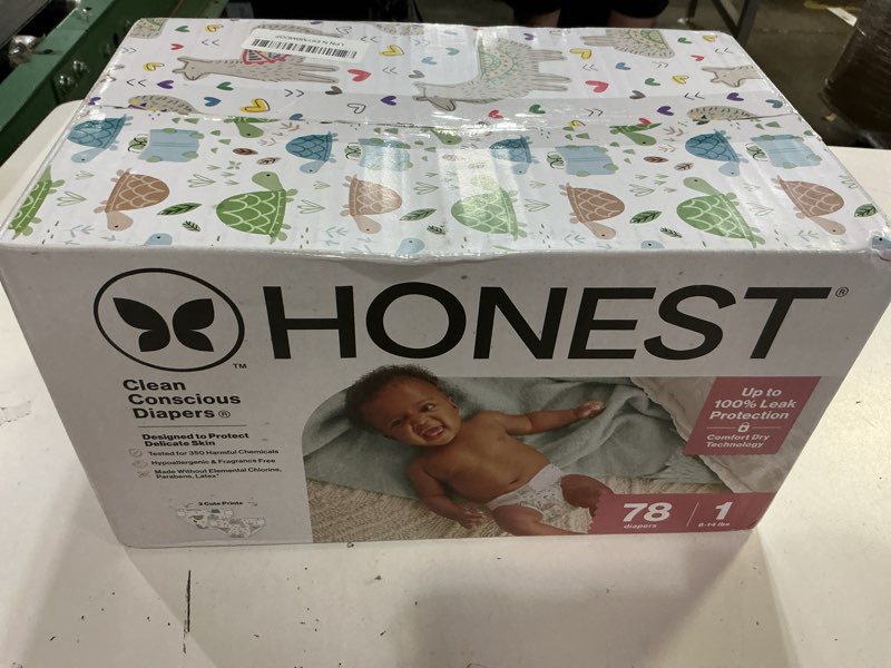 Condition photo showing New/Like New for the honest company comfort dry disposable daytime diapers for sensitive skin, hypoallergenic, all the alpacas + turtle time, club box size 1 (8-14 lbs) 78 count size 1 (78 count) all the alpacas + turtle time