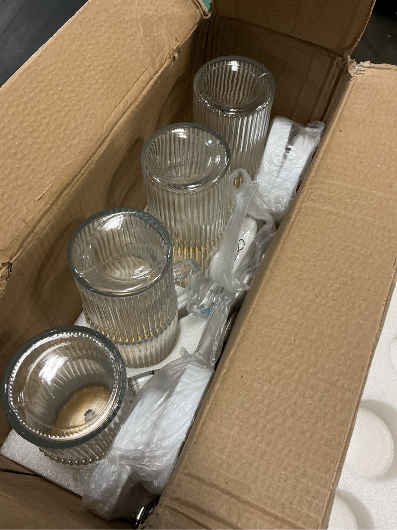 Condition photo showing Good Condition for 24oz Ribbed Glass Tumbler With Handle,4Pack Glass Cup with Lids and Straws,Reusable Glass Iced Coffee Cups With lids,Mason Jar Cup&Drinking Glasses for Smoothie,Shake,Juice,Soda Water,Tea,Travel Cup 4pack 24oz glass