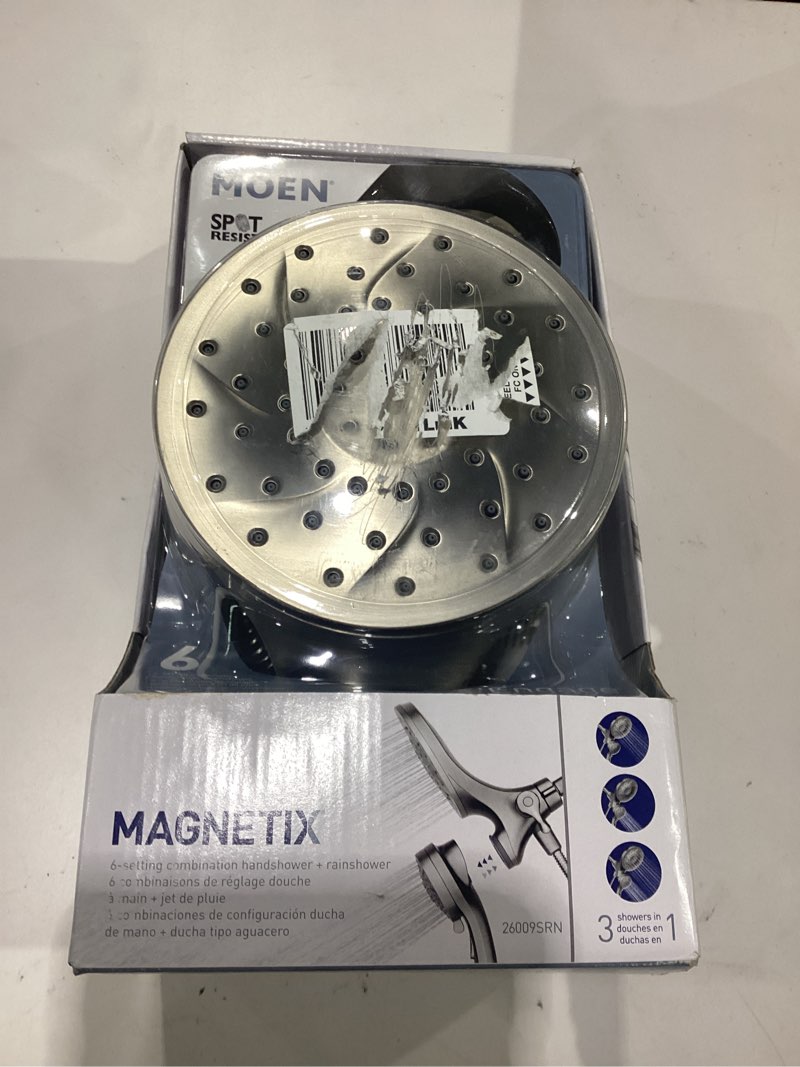 Condition photo showing New/Like New for moen engage magnetix 2-in-1 combo rain showerhead with detachable handheld shower spray, featuring magnetic docking system, spot resist brushed nickel, 26009srn