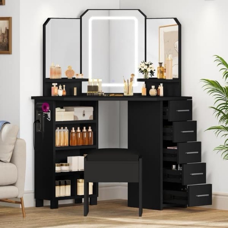(Incomplete, Only Box 1 of 2) Moasis Corner Vanity Desk Set with Tri-Fold Mirror and Adjustable Light Strips Makeup Table - 22.24\\\"D x 42.52\\\"W x 56.89\\\"H