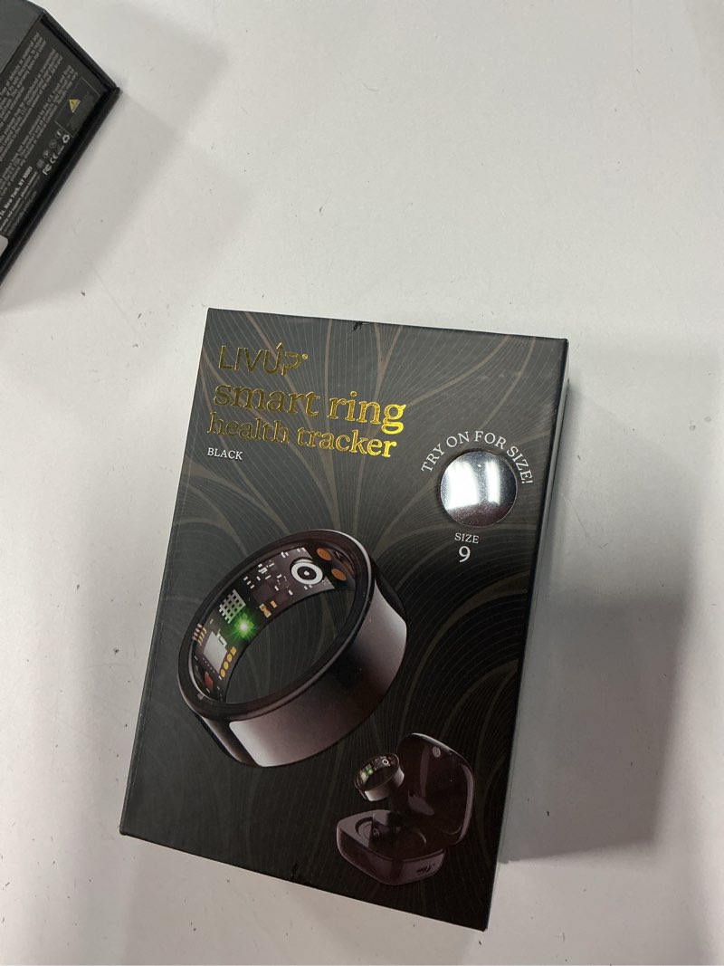 Condition photo showing As Is for smart health ring, stress and sleep monitoring functions, compatible with ios and android, waterproof fitness, unisex, no subscription fee. 9 black ring