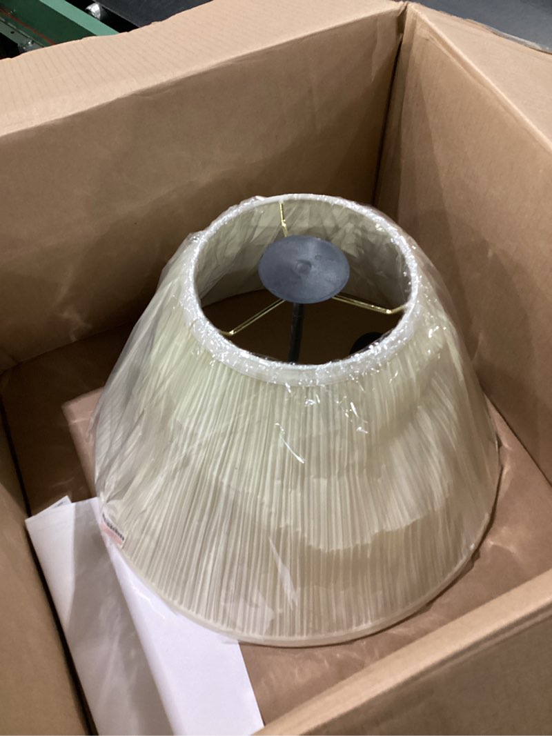 Condition photo showing As Is for aspen creative 33021, hardback empire transitional spider lamp shade, mushroom pleated off-white faux silk fabric, 7" top x 17" bottom x 11-1/2" slant height