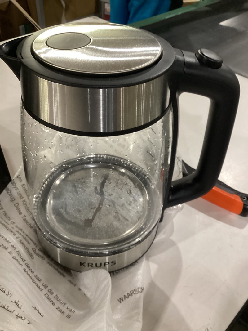 Condition photo showing As Is for Not tested ***KRUPS 1.7L Glass Electric Kettle: Fast-Boiling 1500W with LED Indicator, Anti-Scale Filter, Auto Shut-Off, and Cordless Design - Boil 1 Cup in 80 Seconds for Perfect Tea and Coffee Glass Kettle