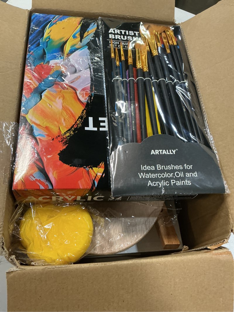 Condition photo showing New/Like New for artally acrylic paint set for adults & kids, 62 pcs canvas painting kits, 32 colors acrylic paint (22ml),table easel,brushes,canvas, art painting supplies kit for students,artists,beginners 62 piece set