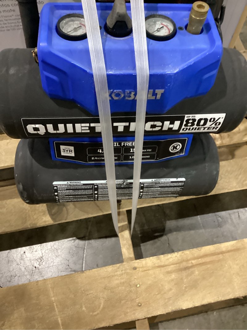 Condition photo showing As Is for kobalt quiet tech 4.3-gallon portable electric twin stack quiet air compressor