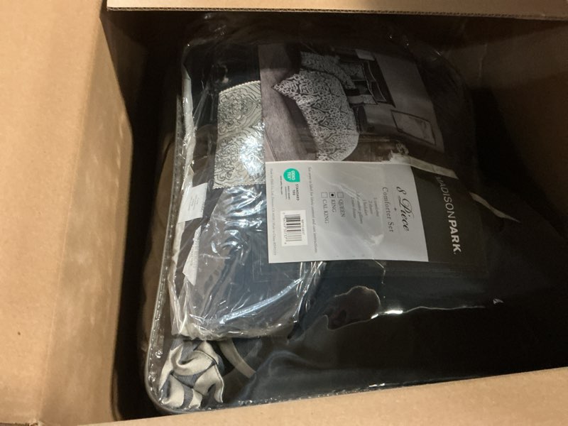 Condition photo showing Good Condition for madison park odette cozy comforter set jacquard damask medallion design - modern all season, down alternative bedding, shams, decorative pillows, king(104 in x 92 in), navy 8 piece navy/grey king (104 in x 92 in)