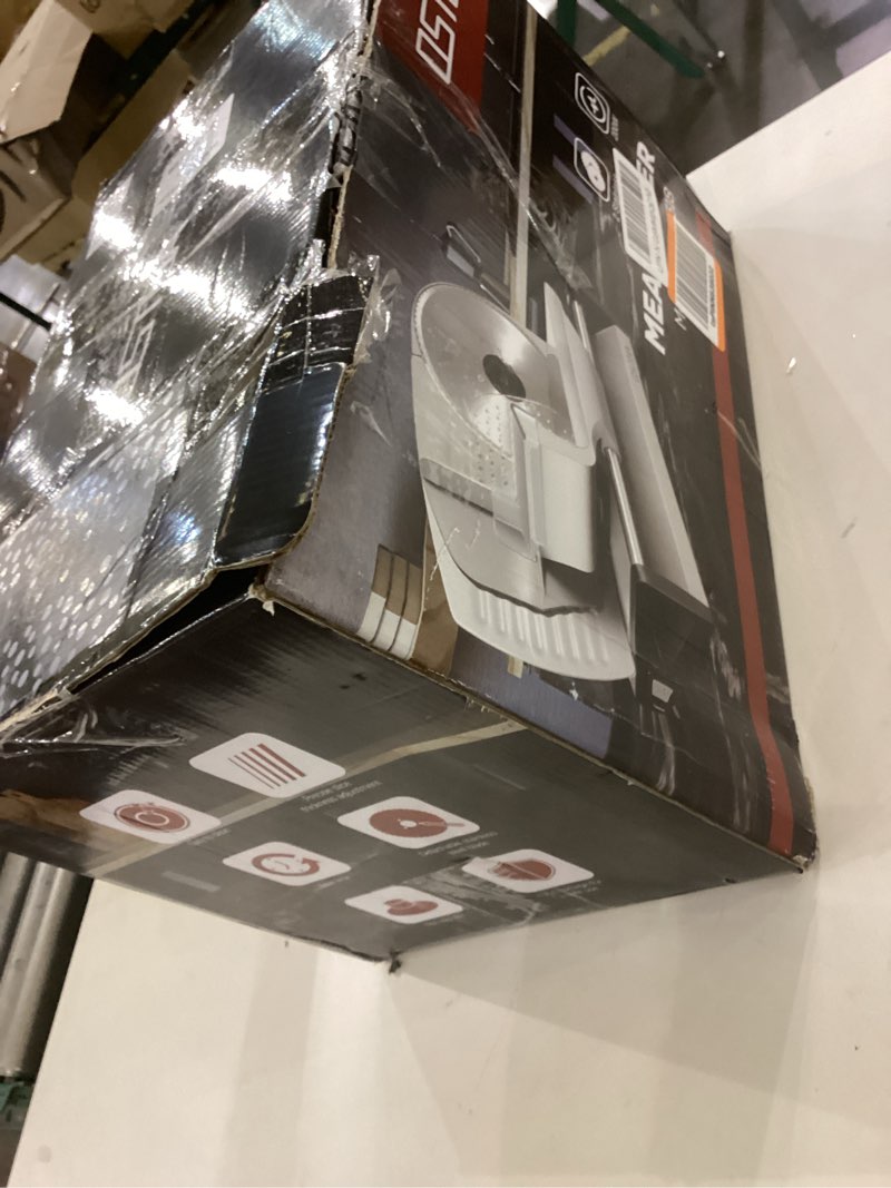 Condition photo showing As Is for Meat Slicer 200W Electric Deli Food Slicer with 2 Removable 7.5" Stainless Steel Blade, Adjustable Thickness for Home Use, Child Lock Protection, Easy to Clean, Cuts Meat, Bread and Cheese 200W Meat Slicer with 2 Blades