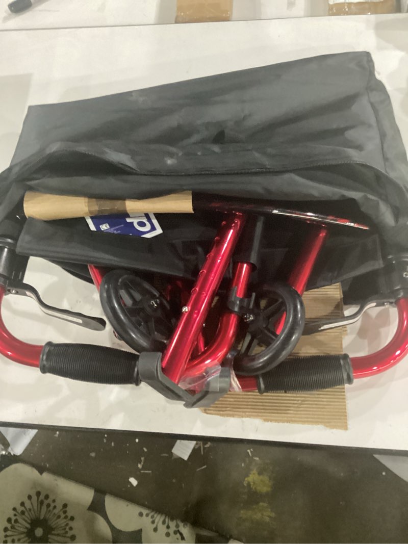 Condition photo showing Good Condition for drive medical deluxe portable folding travel walker with 5" wheels and fold up legs, red
