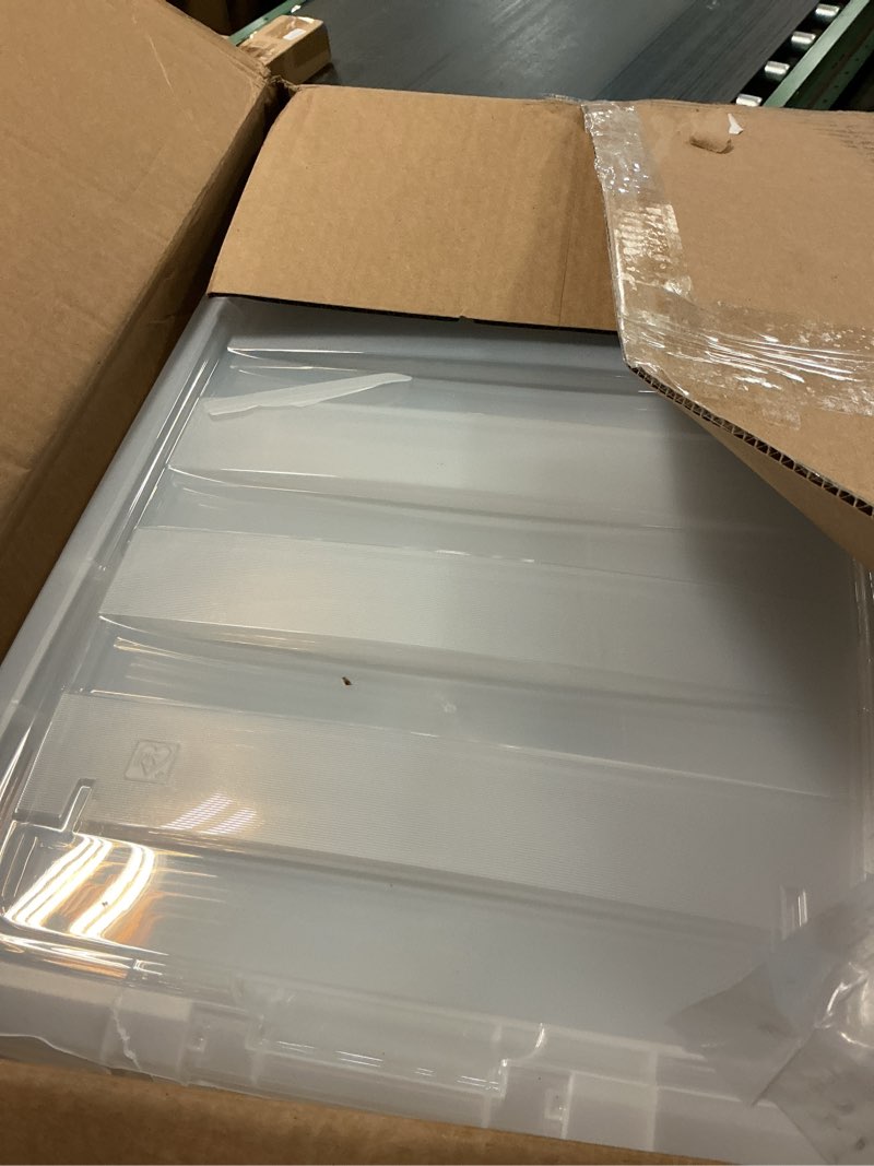 Condition photo showing As Is for IRIS USA 72 Qt Stackable Plastic Storage Bins with Lids, 6 Pack - BPA-Free, Made in USA - See-Through Organizing Solution, Latches, Durable Nestable Containers, Secure Pull Handle - Clear Clear 72 Qt 6 Pack