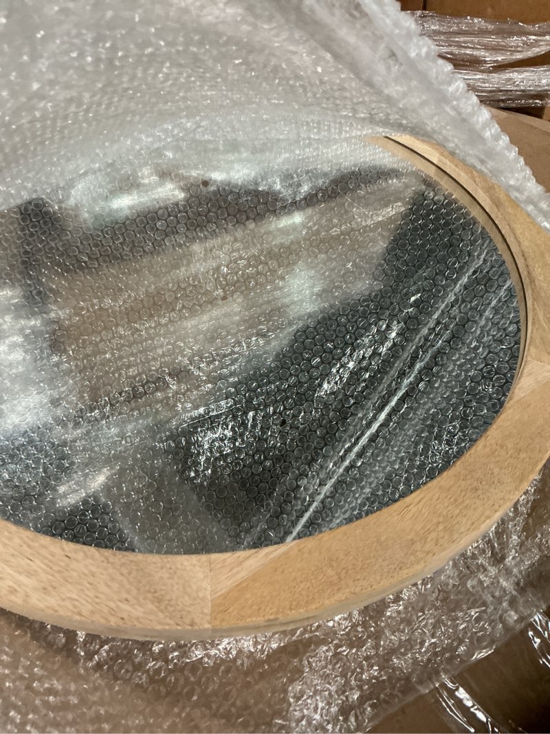 Condition photo showing Good Condition for christopher knight home solis 23.50" h round wall mirror, mango wood wall mirror, tempered glass with natural mango wood frame, rustic style for living room hallway home, no assembly needed, natural