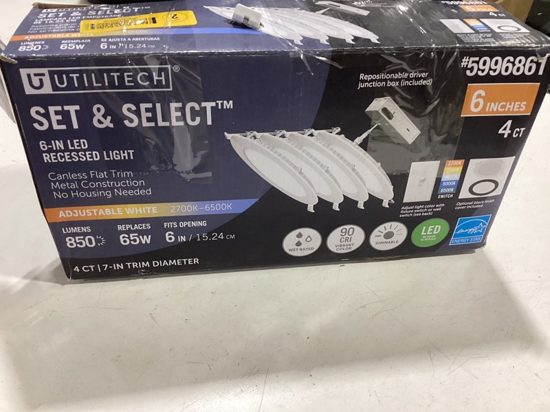 Condition photo showing As Is for utilitech white/ black 6-in 850 -lumens switchable white round dimmable led canless wet rated recessed downlight 4 -pack