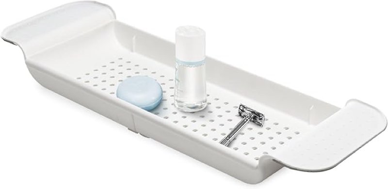 Madesmart Expandable Bath Tray for Bathtubs, Plastic Shower and Bath shelf caddy, white, Multifunctional bathtub bathroom organizer, Premiumwhite