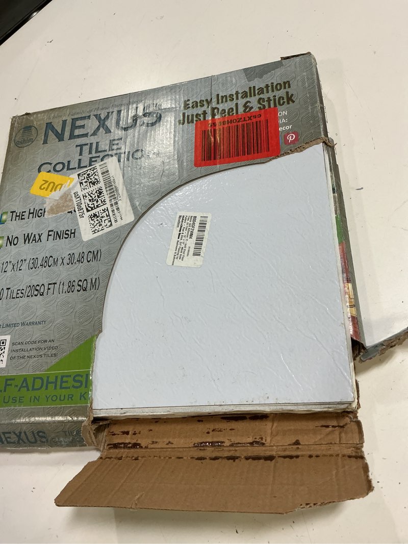 Condition photo showing As Is for nexus self adhesive 12-inch vinyl floor tiles, 20 tiles - 12" x 12", white slate pattern - peel & stick, diy flooring for kitchen, dining room, bedrooms & bathrooms by achim home décor 20-pack white contemporary
