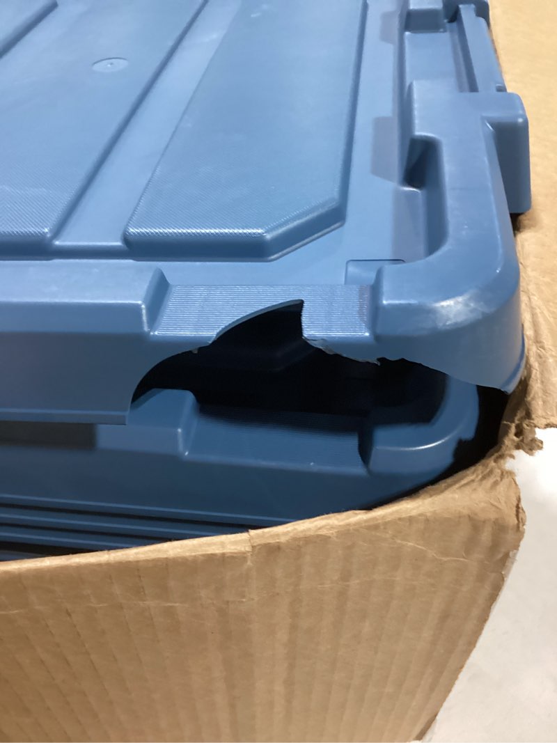 Condition photo showing As Is for IRIS USA 12 Gallon Eco-Friendly Lockable Storage Bins with Lids, 4 Pack - Made in USA, Heavy Duty, Stackable Containers, Garage Organizing Bins Moving Tubs, Rugged Sturdy Equipment Utility Box - Navy Navy 12 Gal - 4 Pack