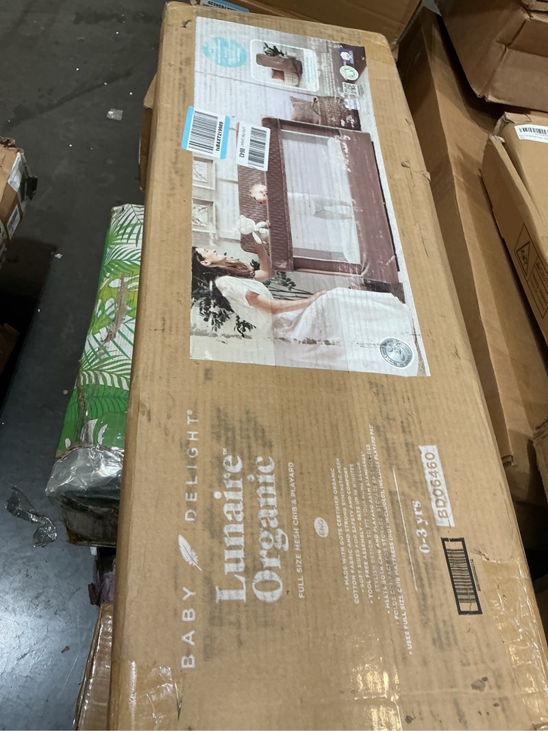 Condition photo showing New/Like New for baby delight lunaire full size crib | breathable mesh baby crib | tool-free assembly baby bed | 100% gots certified organic cotton fabric | organic mocha