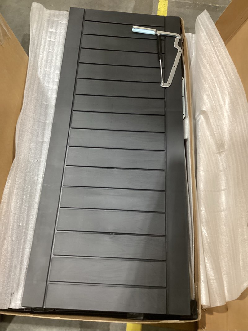 Condition photo showing As Is for exterior solutions standard louver exterior vinyl window shutters, black (pair), 15 inch x 35 inch 15"w x 35"h black