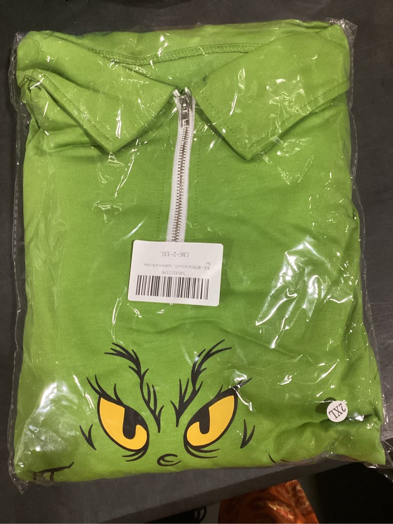 Condition photo showing New/Like New for New Pullover Ugly Christmas Sweaters Cartoon Character Green Monster Print Unisex Sweatshirt with Christmas Hat XX-Large B