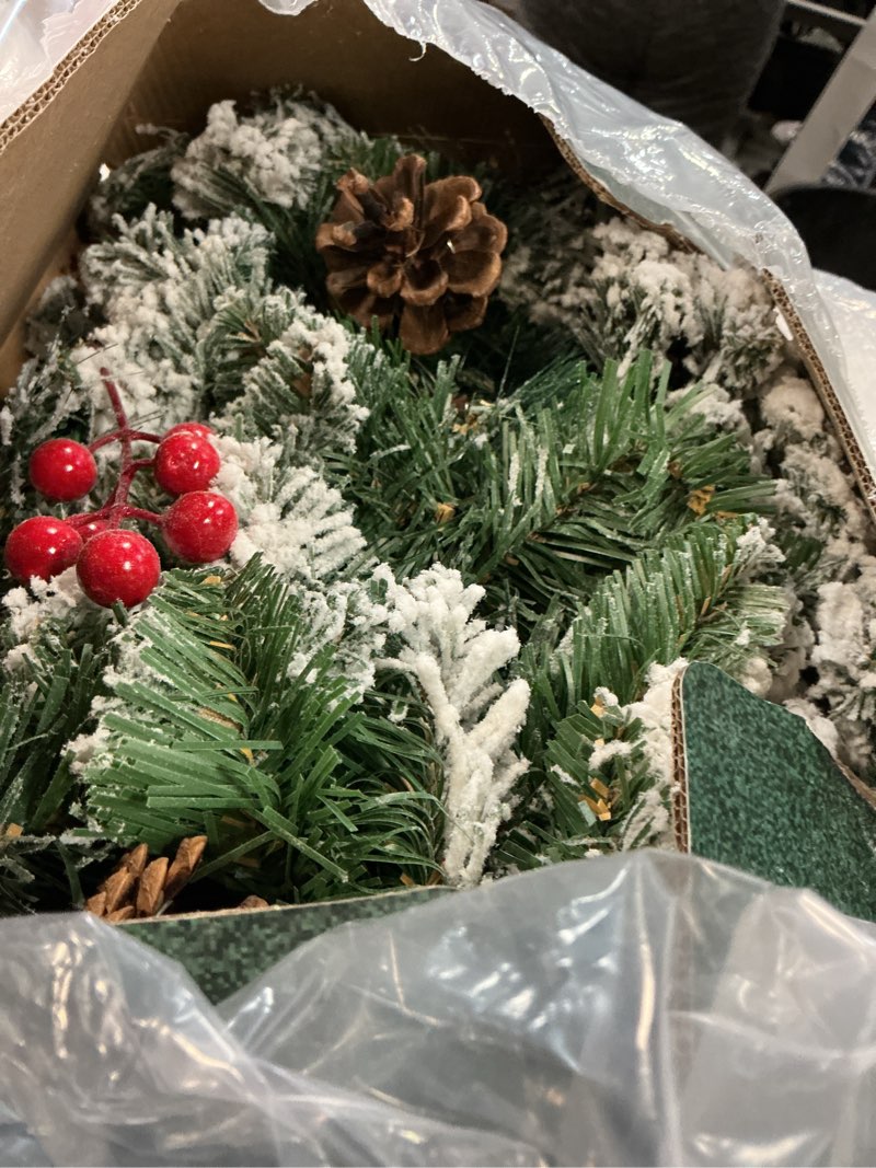Condition photo showing As Is for Christmas Snow Flocked Garland with Lights, Cedar Xmas Holiday Decoration Artificial Garland with Pinecones Berries for Stairs Fireplaces Wall Door Christmas Garland 9ft