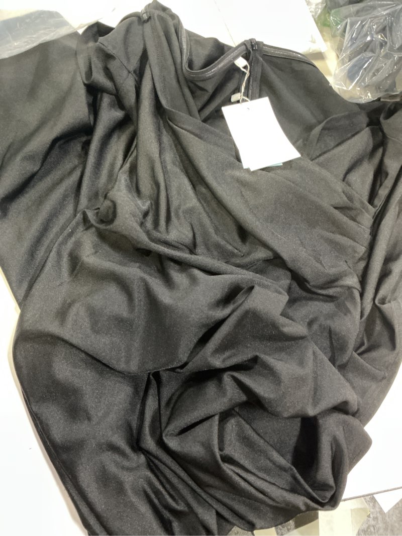 Condition photo showing As Is for Women Sexy Off Shoulder Prom Evening Gowns Elegant V Neck Short Sleeve Wrap Formal High Split Wedding Guest Dress Black Small