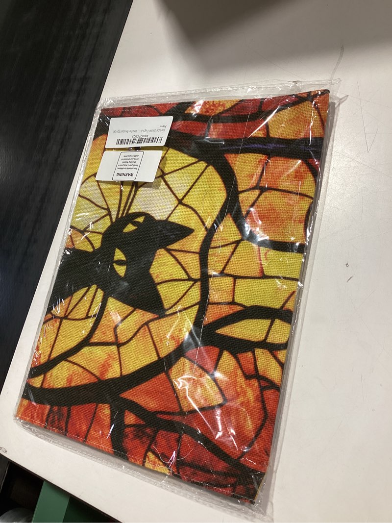 Black Cat Garden Flag 12x18 Inch Double Sided, Burlap Stained Glass Halloween Banner, Outdoor Fall Y