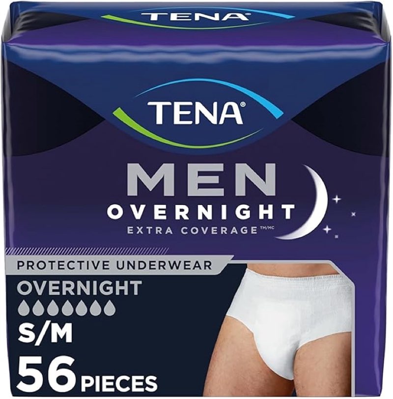 Tena Men Overnight Extra Coverage Incontinence Underwear, Masculine and Discreet, S/M, 56 Count (Waist Size 34in-50in) Small/Medium 56