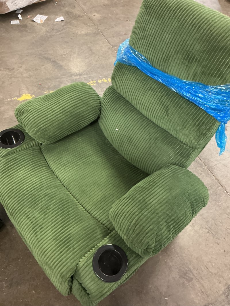 Condition photo showing As Is for corduroy power massage recliner with remote angle adjustment