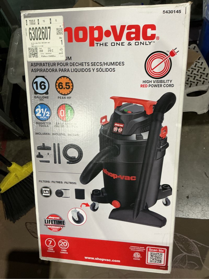 Condition photo showing As Is for shop-vac 16-gallon 6.5 hp corded wet/dry shop vacuum with accessories included