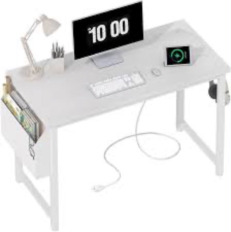 (Incomplete)Lufeiya White Computer Desk with Power Outlet, 40 inch Simple Teen Study Table Home Office Work Writ