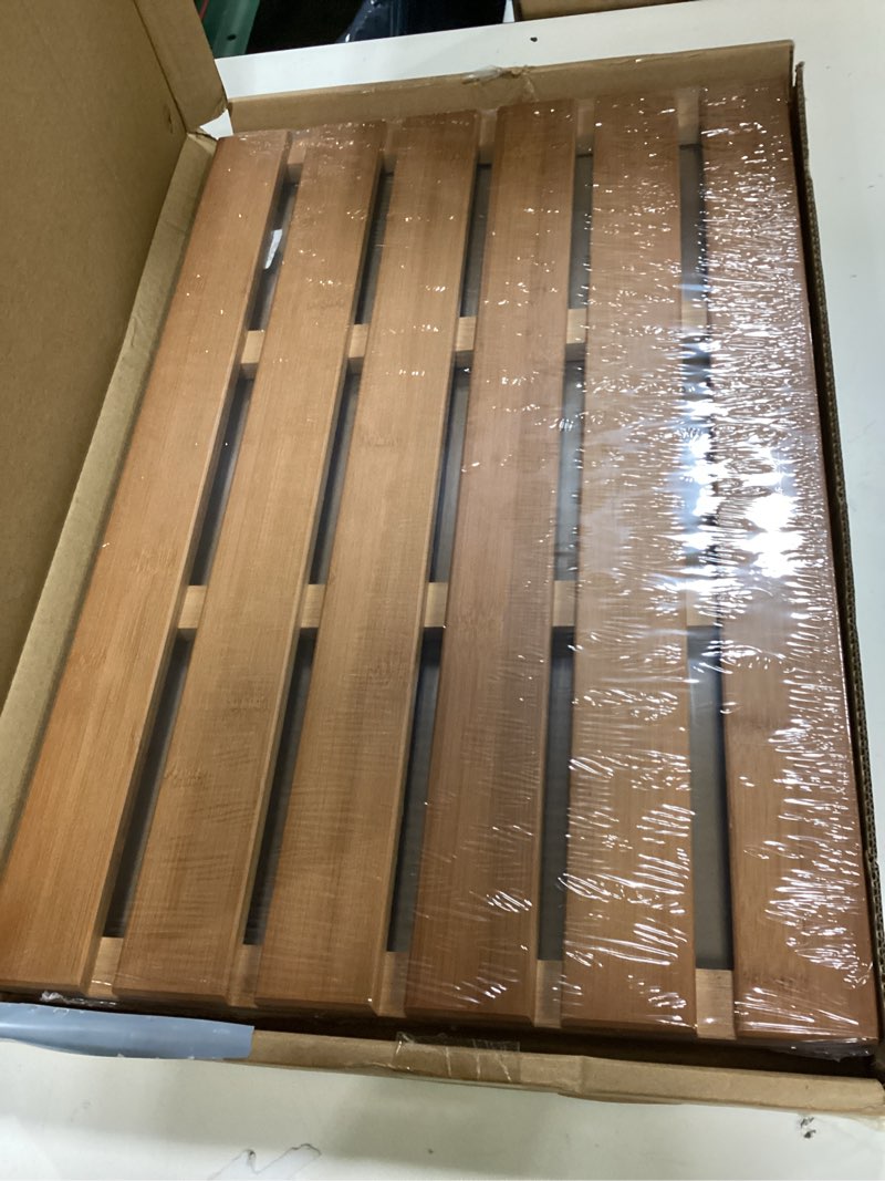 Condition photo showing New/Like New for domax wooden bamboo bath shower mat- non-slip waterproof large bathroom floor mat for indoor outdoor (walnut, 21.26 x 14.17 x 1.3 inches) walnut 21.3" x 14.2" (rectangular)