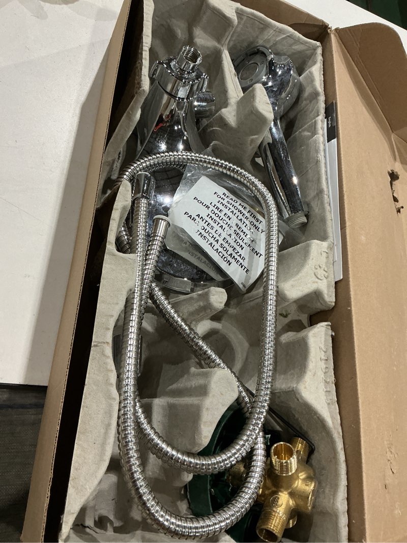 Condition photo showing As Is for moen engage multi-function handshower and rainfall shower head trim combo with handle, tub spout, metal hose and valve, brushed nickel, 82304srn