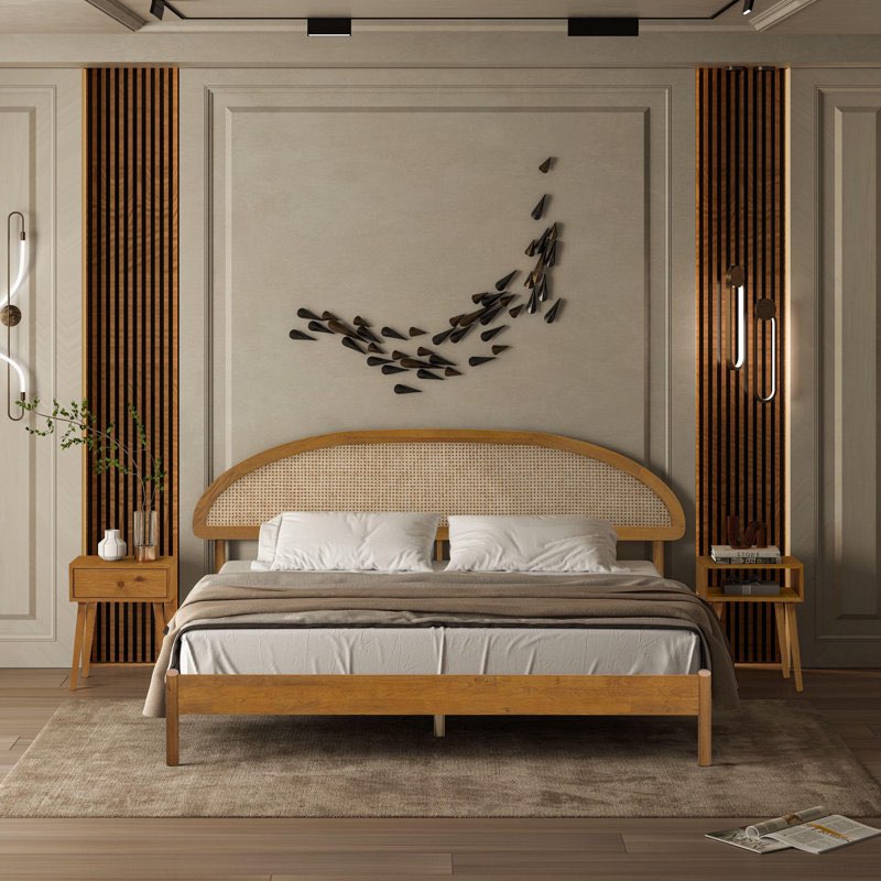 King Gem Solid Wooden Bed Frame With Headboard And Natural Rattan, 1000 Lb Capacity