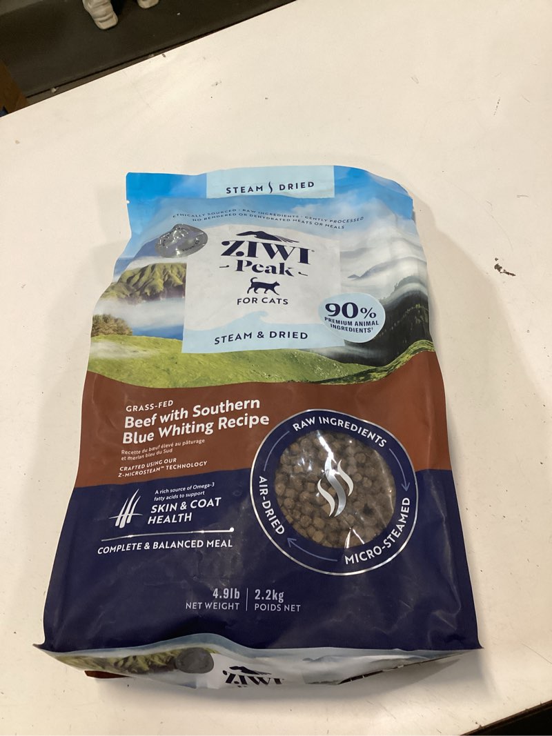 Condition photo showing New/Like New for ZIWI Peak Steam & Dried Cat Food – Beef w/Southern Blue Whiting Fish - High Protein, Skin & Coat Health, Low Carb, for All Life Stages (78.4oz) Beef with Southern Blue Whiting 4.9 Pound (Pack of 1) BEST BY: 12/06/2025