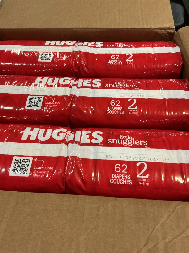 Condition photo showing New/Like New for Huggies Size 2 Diapers, Little Snugglers Baby Diapers, Size 2 (12-18 lbs), 186 Count (3 Packs of 62), Packaging May Vary