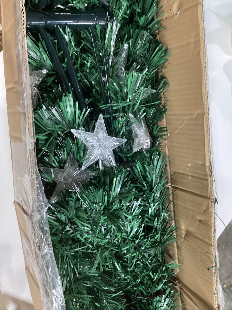 Condition photo showing Good Condition for Juegoal 6ft Pre-Lit Artificial Christmas Tree, Lighted Optical Fiber Xmas Trees with Warm White Large Stars & Color Changing Optical Fiber Lights, Party Home Holiday Green Fake Tree with Metal Legs