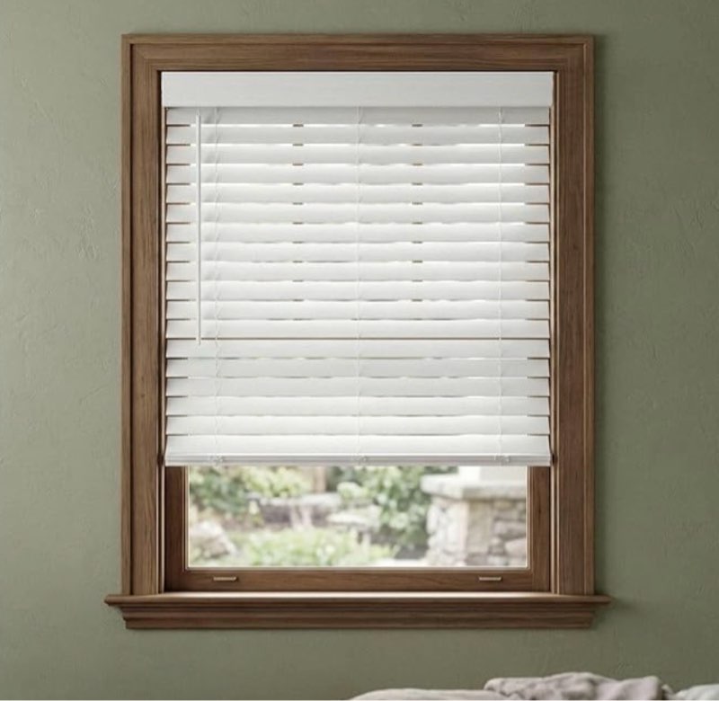 cordless faux wood blind - white, thick wood textured slats, over room darkening shades for interior windows