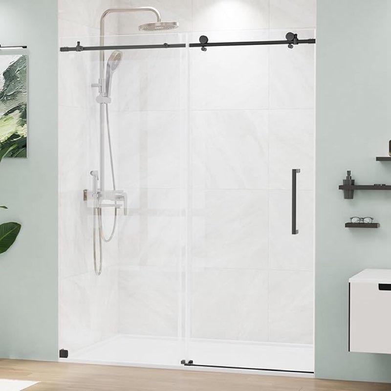 MORDEER Frameless Sliding Shower Door 56-60\\\" W x 75\\\" H, Sliding Shower Door Ultra White SGCC Tempered Glass with Explosion-Proof Film, Shower Glass Door Easy Installation for Bathroom, Silver