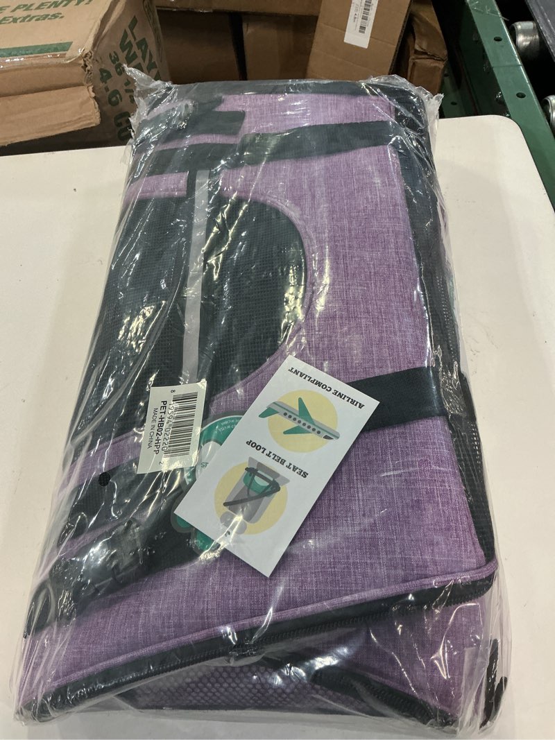 Condition photo showing Good Condition for petami airline approved pet carrier for cats & small dogs, soft sided tsa travel carrier bag with sherpa bed, breathable mesh ventilation, collapsible bowl, up to 18 lbs, large heather purple heather purple large - 19.5"l x 10.2"w x 12"h