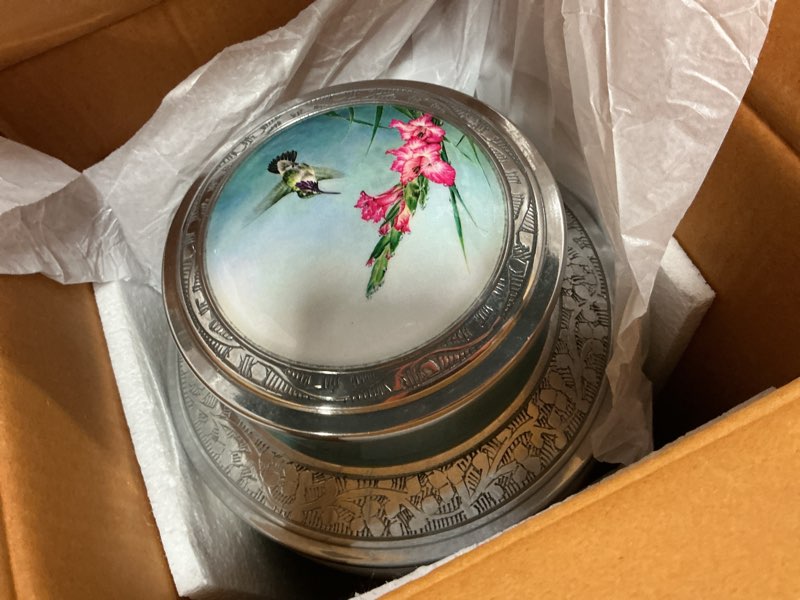 Condition photo showing Good Condition for Hummingbird Cremation Urn, Handcrafted Metal Urn for Human Ashes, Adult Cremation Urn with Velvet Bag