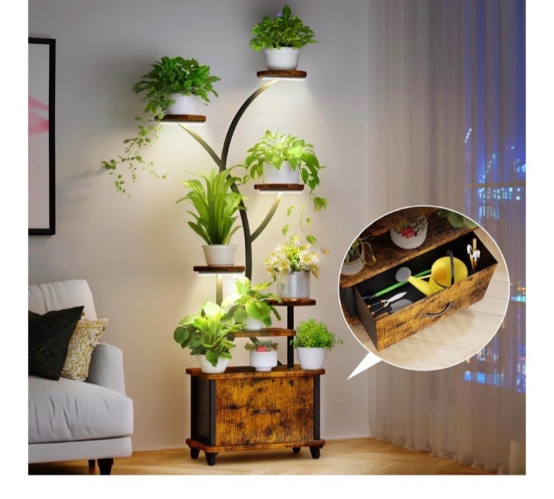 MistyJungle Plant Stand Indoor with Grow Lights, 8 Tiered Indoor Plant Shelf with Drawer, 60.7IN Tal