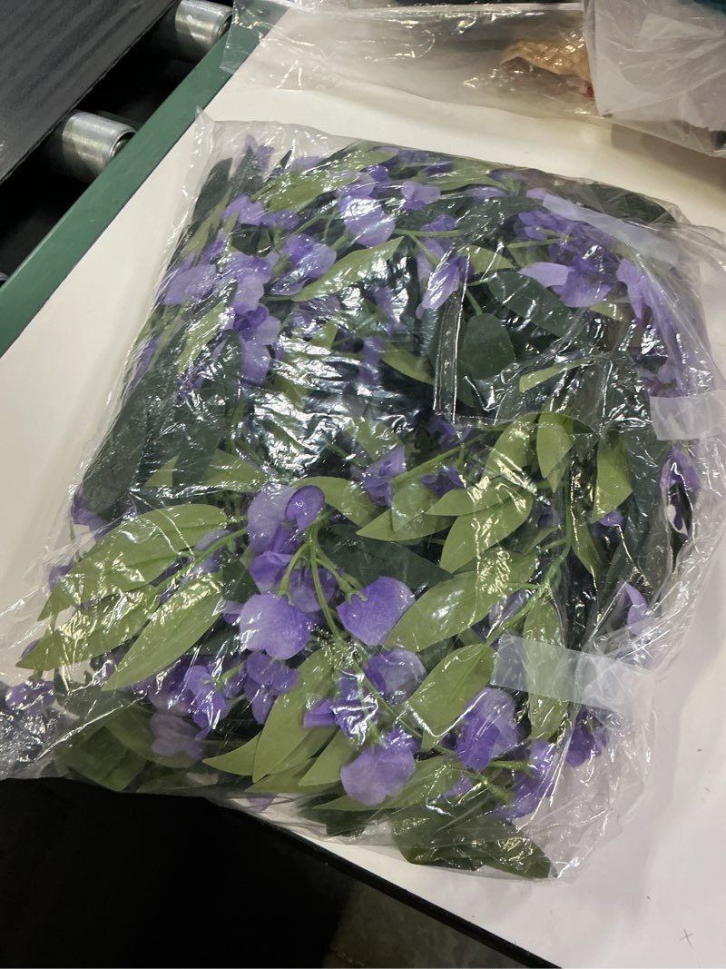 Condition photo showing As Is for 3pcs 7.2ft/piece artificial flowers wisteria garland artificial wisteria vine hanging flower greenery garland for home garden outdoor wedding arch floral decor (purple)