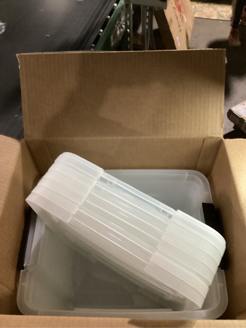 Condition photo showing New/Like New for IRIS USA 19 QT Plastic Storage Box with Lid and Latches - 6 Pack - BPA-Free, See-Through Organizing Solution, Durable Nestable Stackable Containers, Secure Pull Handle - Clear Clear 19 Qt 6 Pack