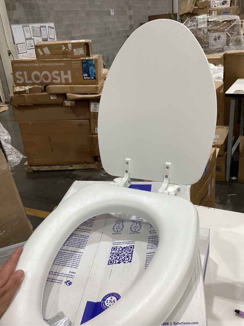 Condition photo showing Good Condition for mayfair by bemis eden cushioned vinyl white elongated padded toilet seat