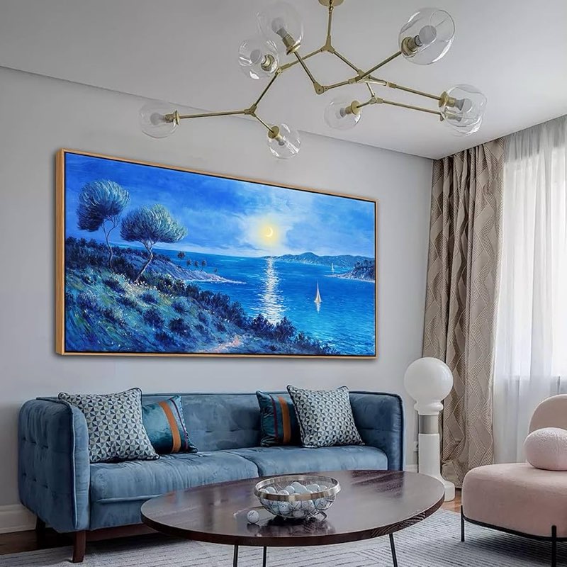 YDYSUNE Coastal Wall Art Ocean Picture for Living Room Blue Modern Home Bedroom Decoration Coast Beach Flower Painting Seascape Framed Artwork Decor 24×48IN 24L" x 48W" Blue