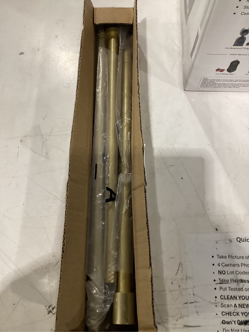 Condition photo showing New/Like New for gold curtain rod for windows 28 to 48 inch, 5/8 inch splice adjustable curtain rod gold with 2 brackets, easy installation and simple end caps, for living room, bedroom, outdoor 30-48" gold