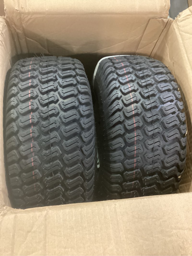 Condition photo showing Good Condition for 2-pack 15x6.00-6 lawn mower tire and wheel with chevron turf treads and 3" -6'' offset hub, 3/4" or 5/8'' bearings, front tire assembly replacement for craftsman riding mowers? john deere mowers