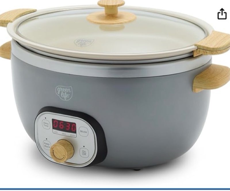 greenlife 6qt slow cooker, non-toxic pfas-free ceramic nonstick removable interior bowl, programmable, family friendly, keep warm, stovetop & oven safe, dishwasher safe crock, timer, glass lid, gray