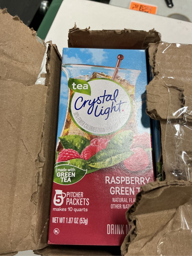 Condition photo showing New/Like New for (Best by:24/Nov/27) Crystal Light Drink Mix, 60 Pitcher Packets, for Flavorful Hydration and Shareable Refreshment, Naturally Flavored Raspberry Green Tea with other natural flavor, Made with Green Tea, 1.87 oz each