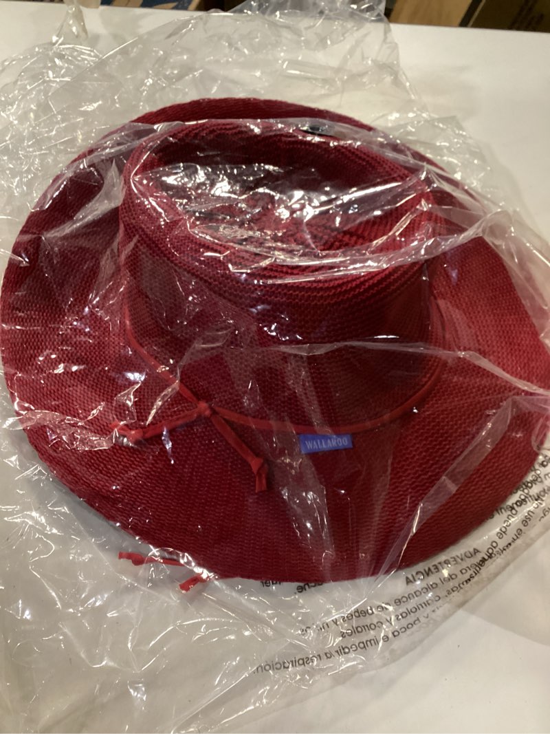 Condition photo showing item condition for Wallaroo Hat Company Women’s Victoria Fedora – UPF 50+ UV Protection, Wide Brim, Medium Size, Packable & Adjustable Sun Hat Medium Cranberry