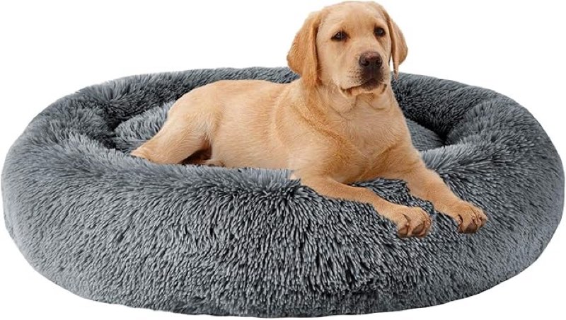 (Similar design) MFOX Cama calmante para Perros (L/XL/XXL/XXXL) para Perros medianos y Grandes, cómoda Cama para Mascotas de Piel sintética con donas de hasta 25/35/55/100 Libras