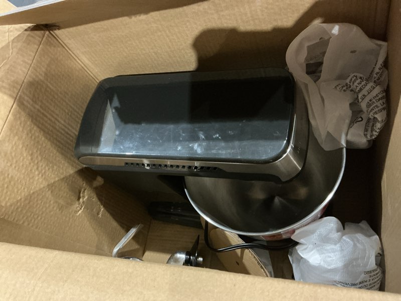 Condition photo showing As Is for (incomplete, missing parts)hamilton beach electric stand mixer, 4 quarts, dough hook, flat beater attachments, splash guard 7 speeds with whisk, black black 7 speeds with whisk & splash guard